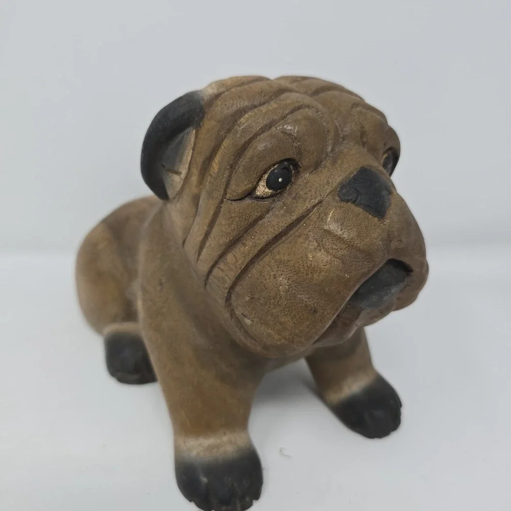 Vintage ARTISAN CRAFTED Hand-Carved Wood Bulldog Figure‎ 7 x 10